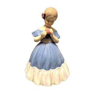 Vintage Ceramic Mold Girl Figurine In Blue Dress With Pink Flower
